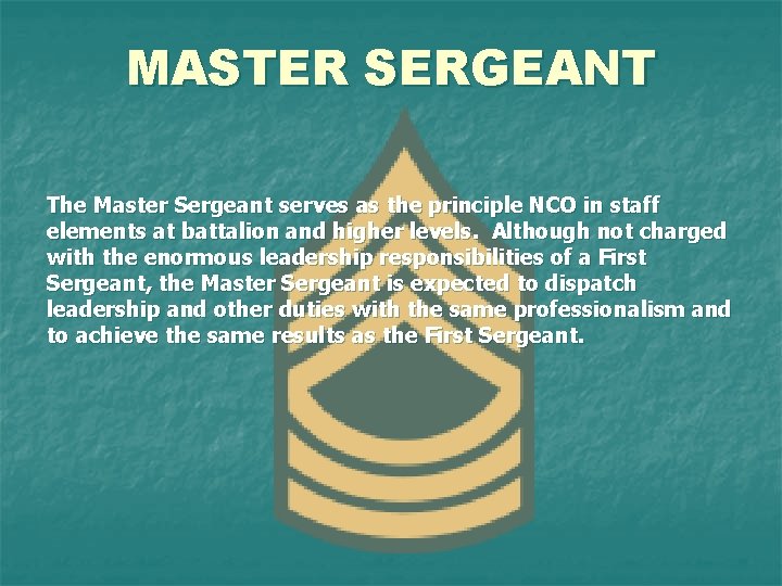 MASTER SERGEANT The Master Sergeant serves as the principle NCO in staff elements at