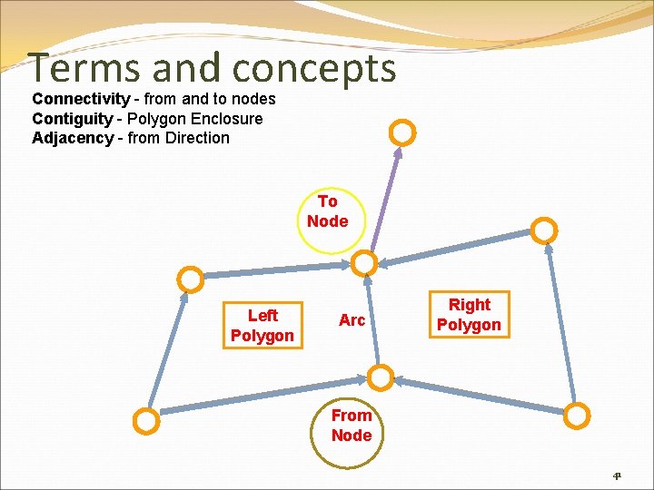 Terms and concepts Connectivity - from and to nodes Contiguity - Polygon Enclosure Adjacency