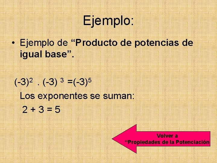 Ejemplo: • Ejemplo de “Producto de potencias de igual base”. (-3)2. (-3) 3 =(-3)5