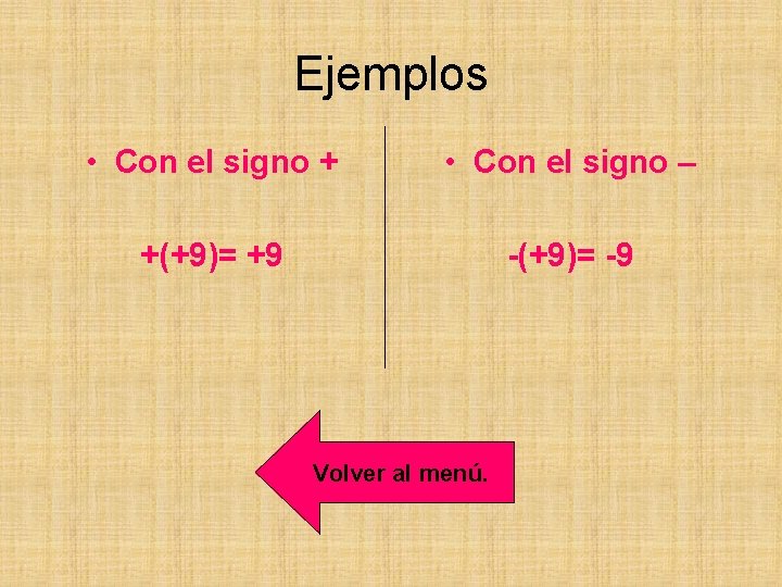 Ejemplos • Con el signo + • Con el signo – +(+9)= +9 -(+9)=