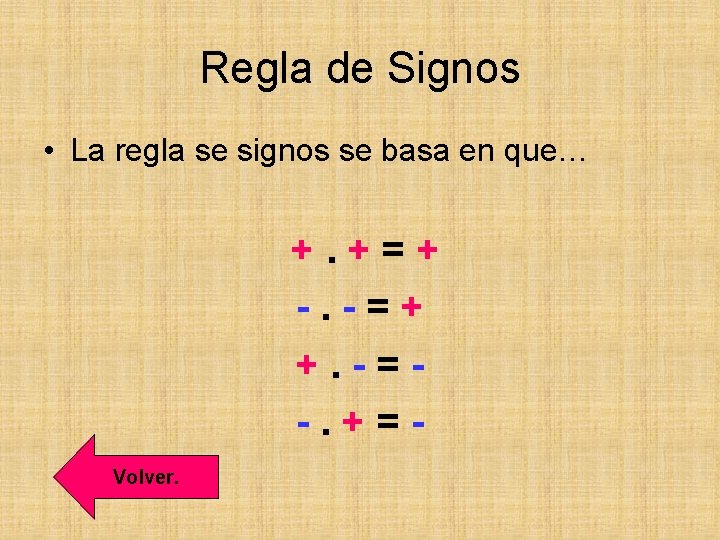 Regla de Signos • La regla se signos se basa en que… +. +=+