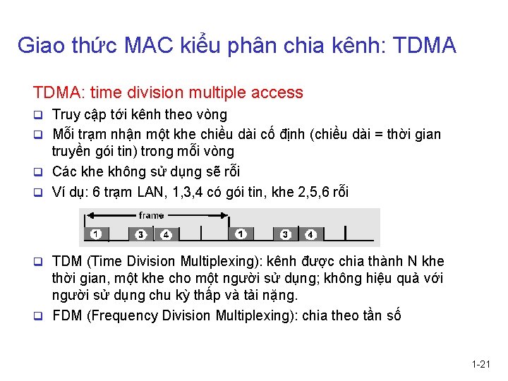 Giao thức MAC kiểu phân chia kênh: TDMA: time division multiple access q Truy