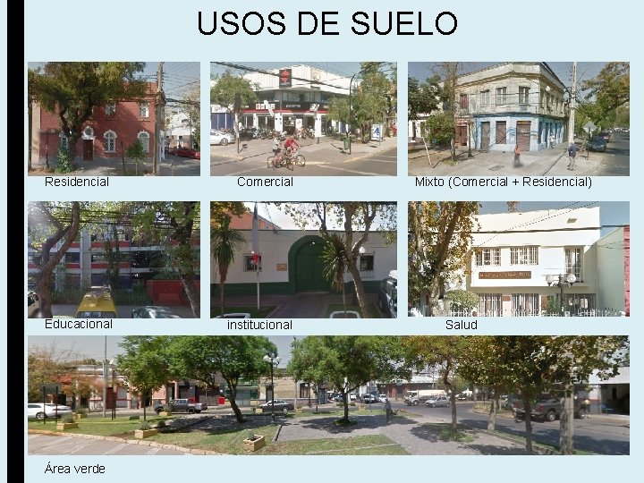 USOS DE SUELO Residencial Comercial Educacional institucional Área verde Mixto (Comercial + Residencial) Salud