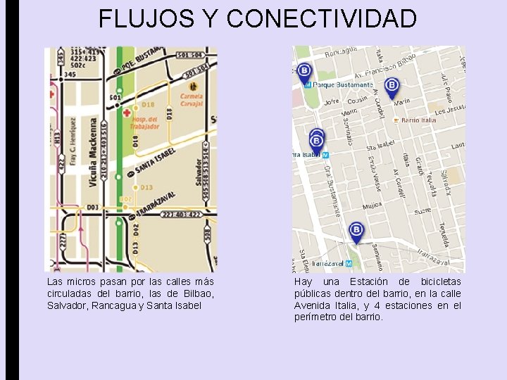 FLUJOS Y CONECTIVIDAD Las micros pasan por las calles más circuladas del barrio, las