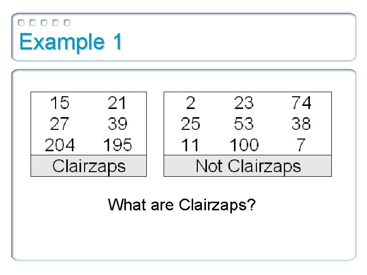 Example 1 What are Clairzaps? 