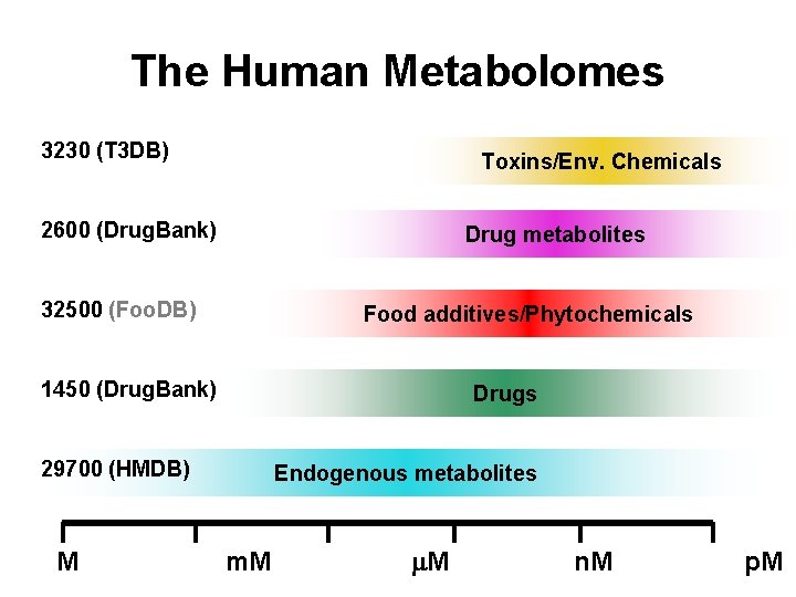 The Human Metabolomes 3230 (T 3 DB) 2600 (Drug. Bank) 32500 (Foo. DB) 1450