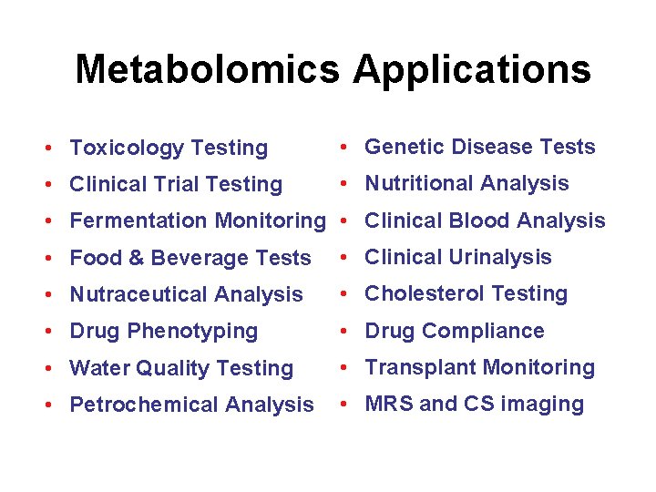 Metabolomics Applications • Toxicology Testing • Genetic Disease Tests • Clinical Trial Testing • Metabolomics Applications • Toxicology Testing • Genetic Disease Tests • Clinical Trial Testing •