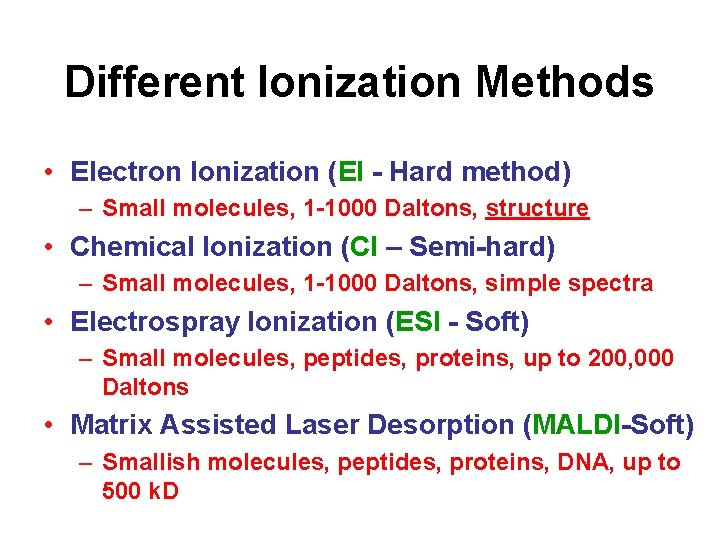 Different Ionization Methods • Electron Ionization (EI - Hard method) – Small molecules, 1