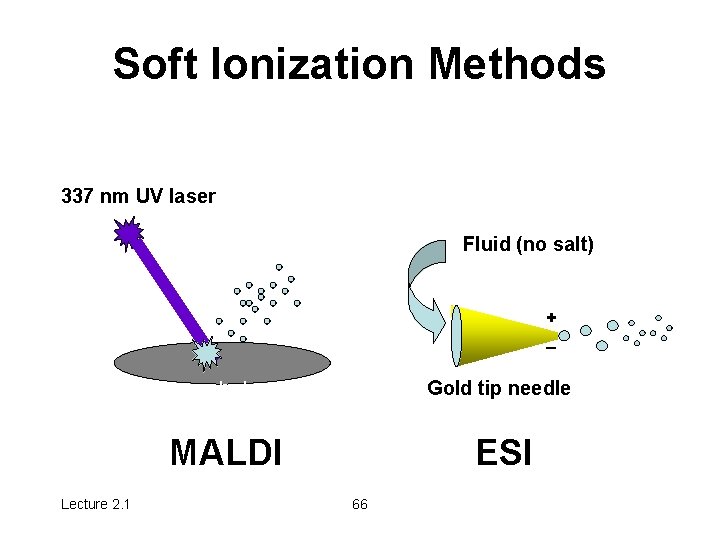 Soft Ionization Methods 337 nm UV laser Fluid (no salt) + _ Lecture 2.