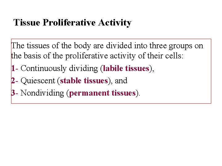 Tissue Proliferative Activity The tissues of the body are divided into three groups on