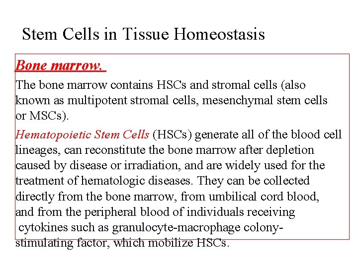 Stem Cells in Tissue Homeostasis Bone marrow. The bone marrow contains HSCs and stromal