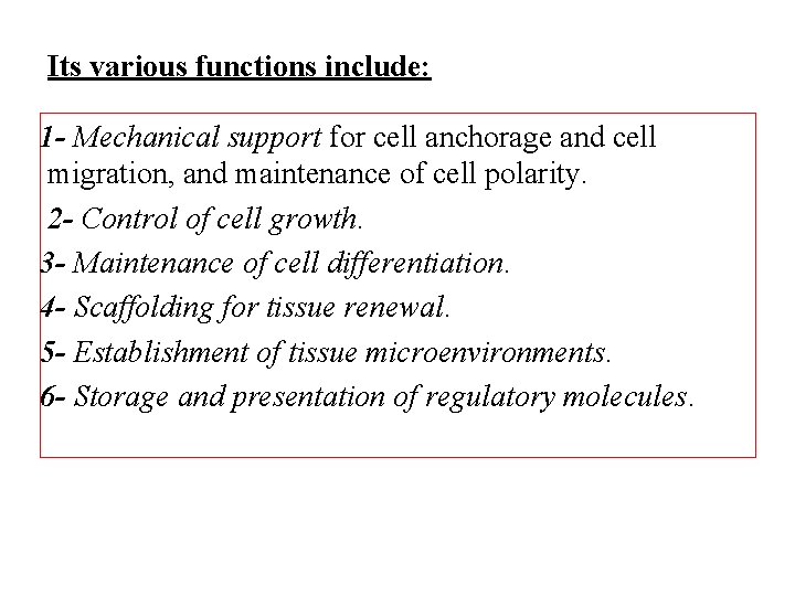 Its various functions include: 1 - Mechanical support for cell anchorage and cell migration,