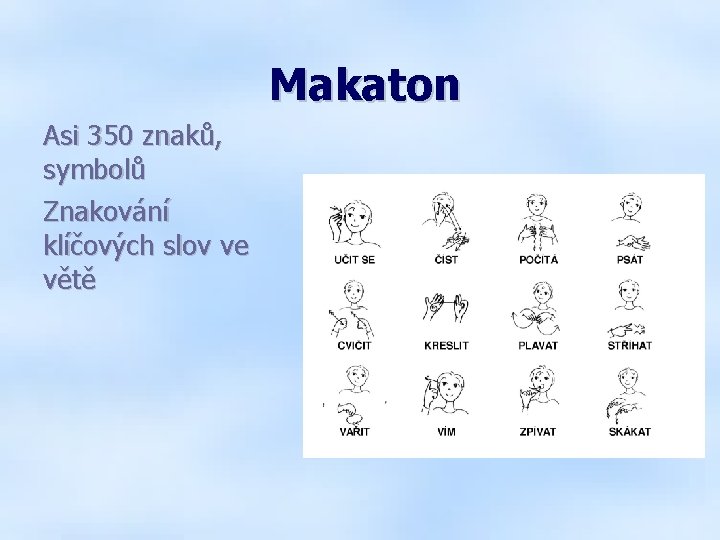 Makaton Asi 350 znaků, symbolů Znakování klíčových slov ve větě 