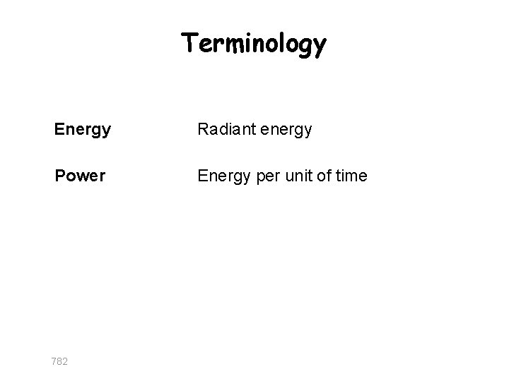 Terminology Energy Radiant energy Power Energy per unit of time 782 