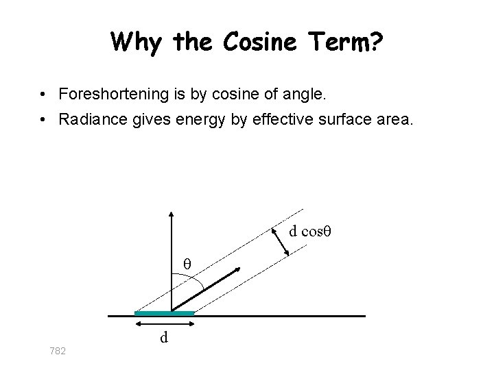Why the Cosine Term? • Foreshortening is by cosine of angle. • Radiance gives