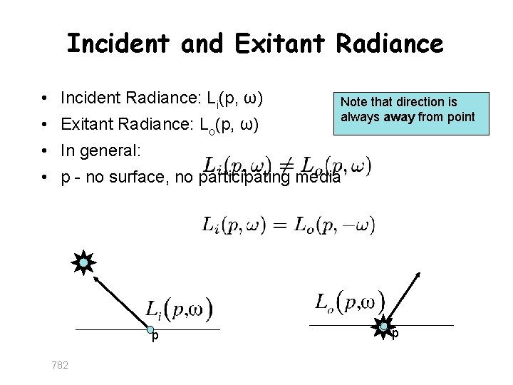 Incident and Exitant Radiance • Incident Radiance: Li(p, ω) • Exitant Radiance: Lo(p, ω)