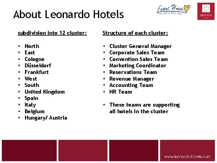 About Leonardo Hotels subdivision into 12 cluster: § § § North East Cologne Düsseldorf