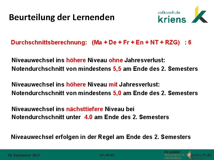 Beurteilung der Lernenden Durchschnittsberechnung: (Ma + De + Fr + En + NT +