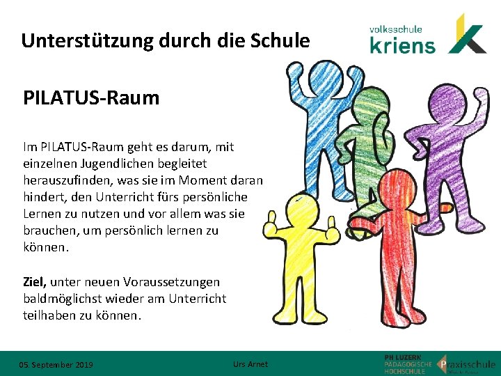 Unterstützung durch die Schule PILATUS-Raum Im PILATUS Raum geht es darum, mit einzelnen Jugendlichen