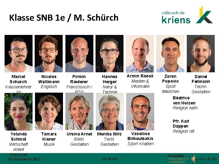 Klasse SNB 1 e / M. Schürch Marcel Schürch Klassenlehrer 1 e Yolanda Schmid