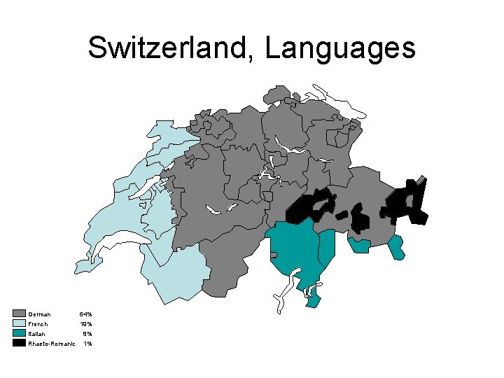 Switzerland, Languages German 64% French Italian 19% 8% Rhaeto-Romanic 1% 