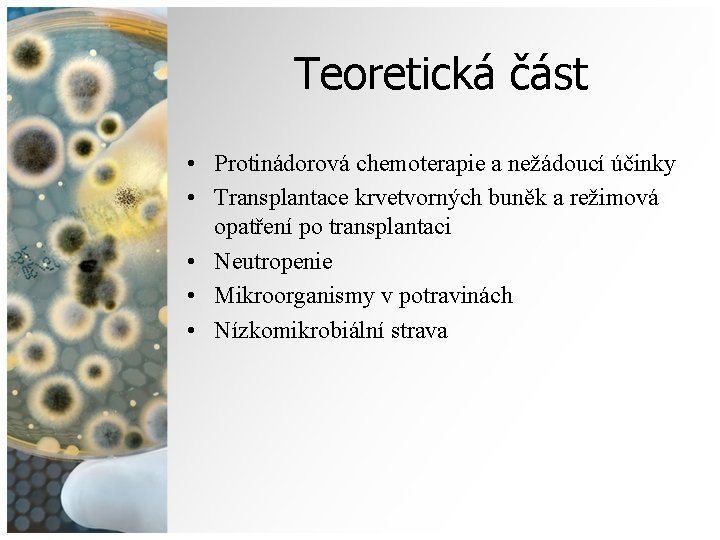 Teoretická část • Protinádorová chemoterapie a nežádoucí účinky • Transplantace krvetvorných buněk a režimová