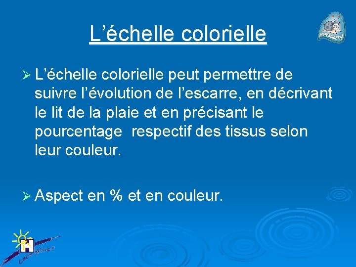 L’échelle colorielle Ø L’échelle colorielle peut permettre de suivre l’évolution de l’escarre, en décrivant