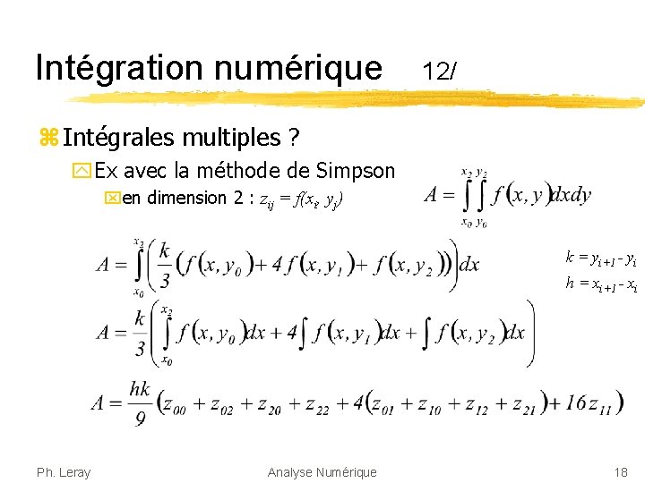 Intégration numérique 12/ z Intégrales multiples ? y. Ex avec la méthode de Simpson