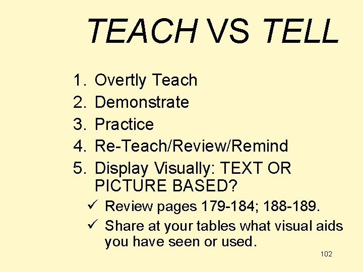 TEACH VS TELL 1. 2. 3. 4. 5. Overtly Teach Demonstrate Practice Re-Teach/Review/Remind Display