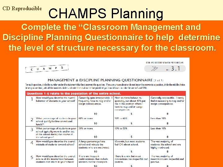 CD Reproducible CHAMPS Planning Complete the “Classroom Management and Discipline Planning Questionnaire to help