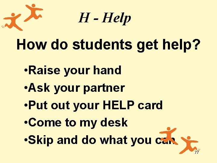 H - Help How do students get help? • Raise your hand • Ask