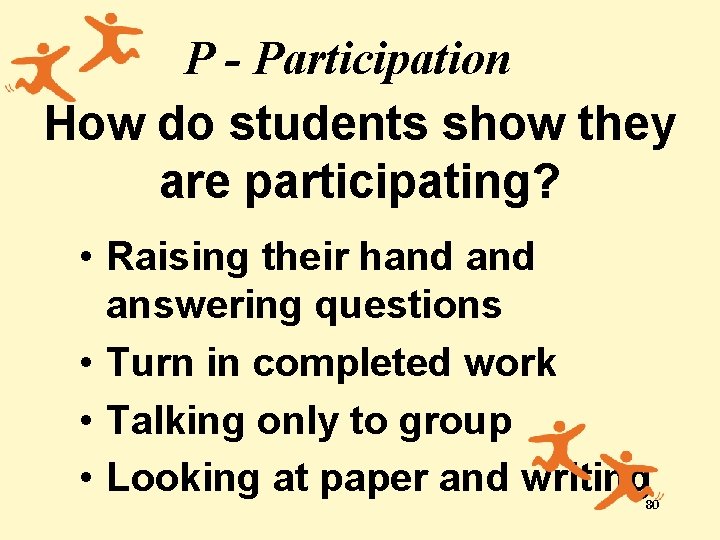 P - Participation How do students show they are participating? • Raising their hand