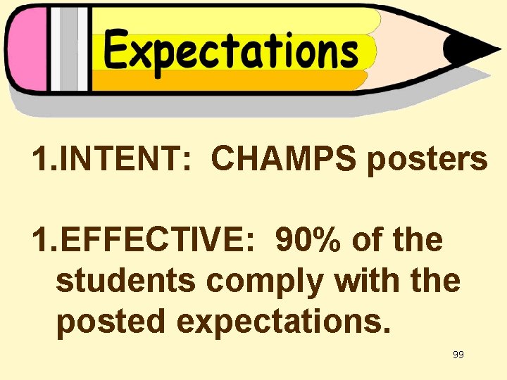 1. INTENT: CHAMPS posters 1. EFFECTIVE: 90% of the students comply with the posted