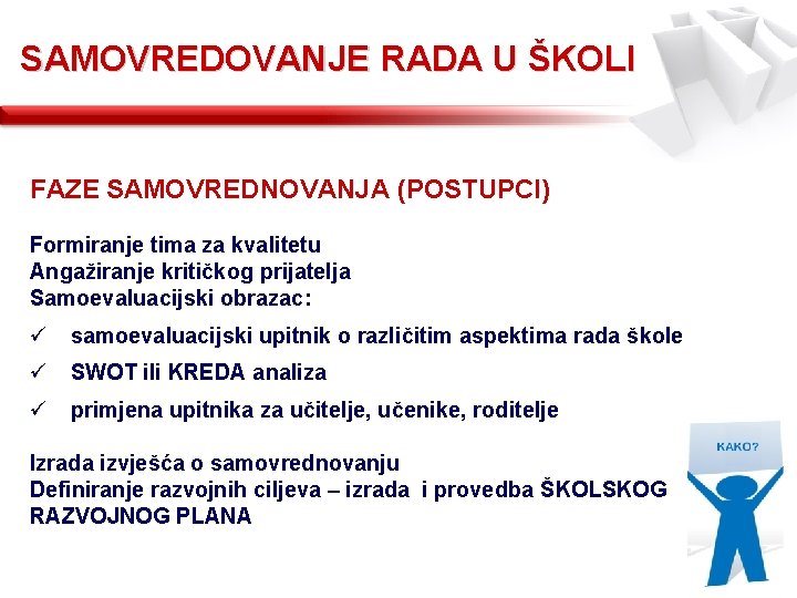 SAMOVREDOVANJE RADA U ŠKOLI FAZE SAMOVREDNOVANJA (POSTUPCI) Formiranje tima za kvalitetu Angažiranje kritičkog prijatelja