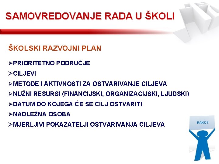 SAMOVREDOVANJE RADA U ŠKOLI ŠKOLSKI RAZVOJNI PLAN ØPRIORITETNO PODRUČJE ØCILJEVI ØMETODE I AKTIVNOSTI ZA