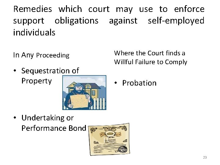 Remedies which court may use to enforce support obligations against self-employed individuals In Any