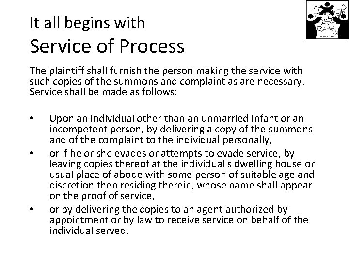 It all begins with Service of Process The plaintiff shall furnish the person making