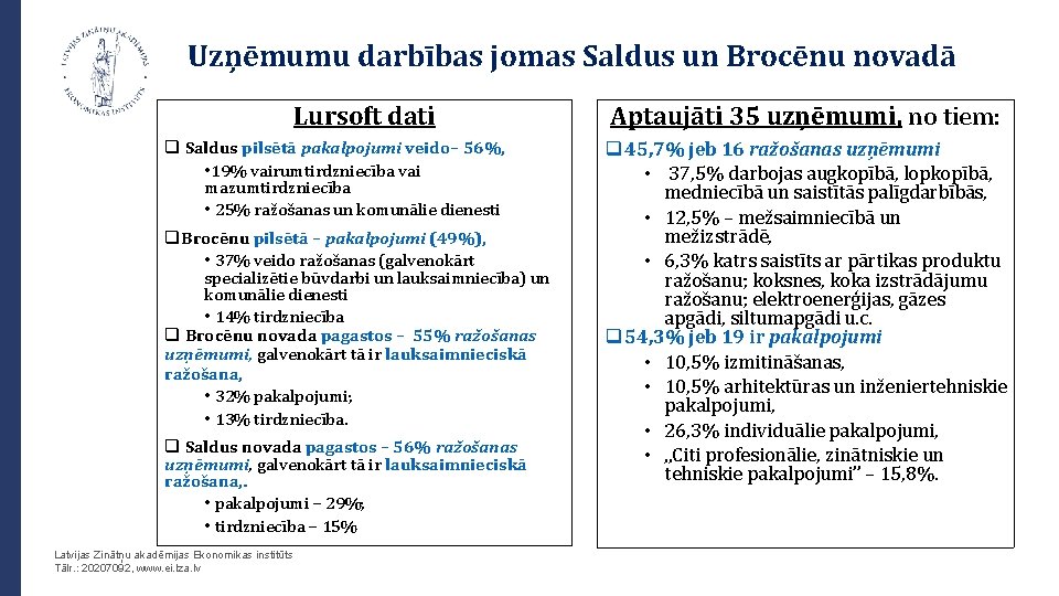 Uzņēmumu darbības jomas Saldus un Brocēnu novadā Lursoft dati q Saldus pilsētā pakalpojumi veido–