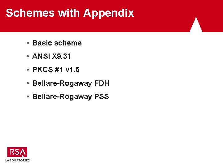 Schemes with Appendix • Basic scheme • ANSI X 9. 31 • PKCS #1