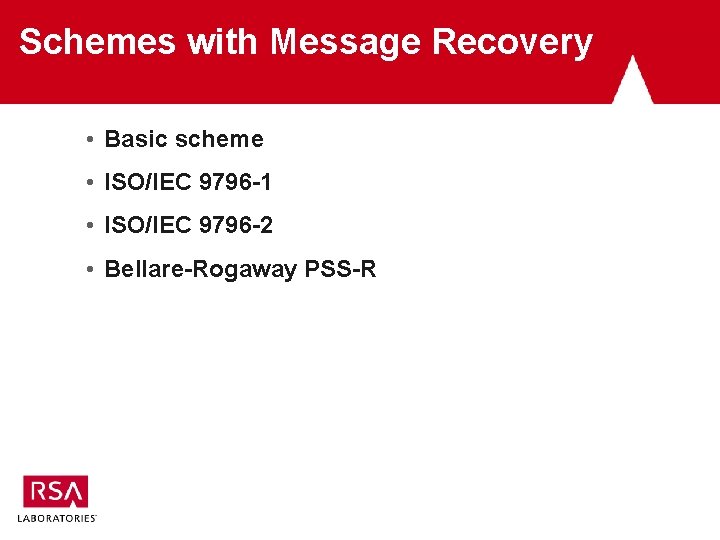 Schemes with Message Recovery • Basic scheme • ISO/IEC 9796 -1 • ISO/IEC 9796