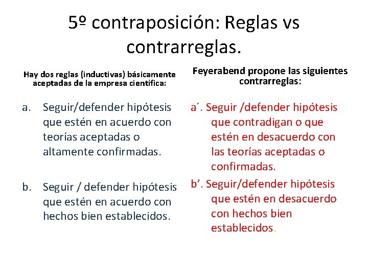 5º contraposición: Reglas vs contrarreglas. Hay dos reglas (inductivas) básicamente aceptadas de la empresa