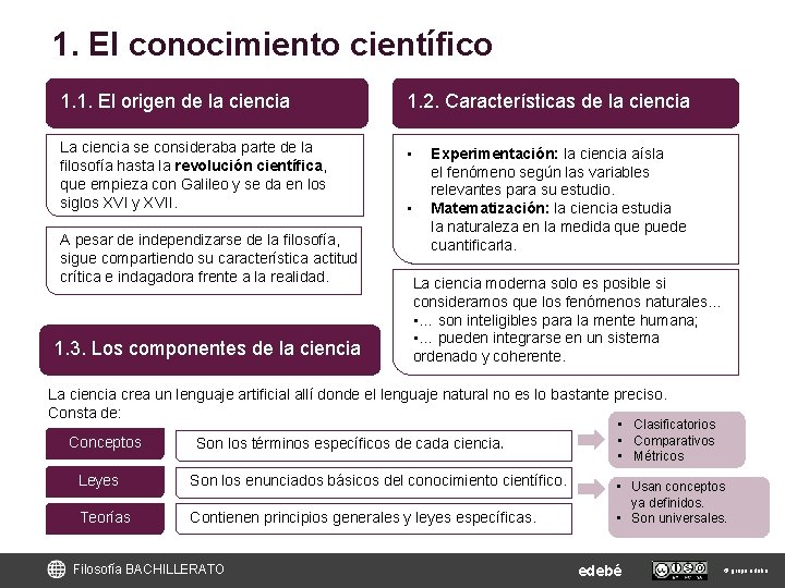 1. El conocimiento científico 1. 1. El origen de la ciencia 1. 2. Características