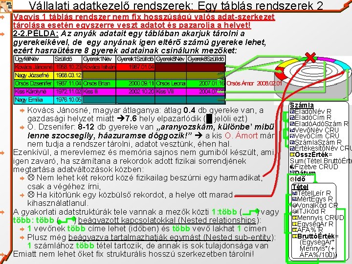 Vállalati adatkezelő rendszerek: Egy táblás rendszerek 2 Vagyis 1 táblás rendszer nem fix hosszúságú