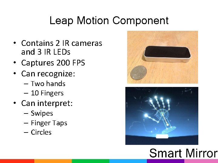 Leap Motion Component • Contains 2 IR cameras and 3 IR LEDs • Captures