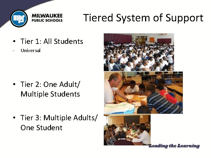 Tiered System of Support • Tier 1: All Students - Universal • Tier 2: