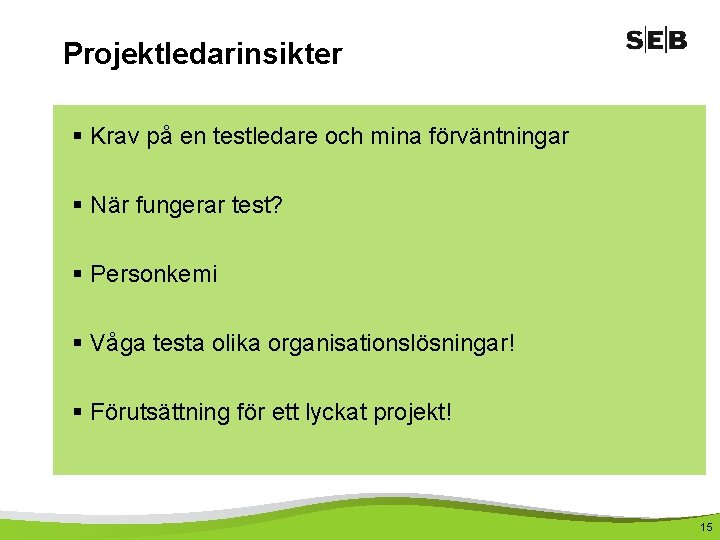 Projektledarinsikter § Krav på en testledare och mina förväntningar § När fungerar test? §