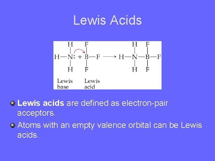 Lewis Acids Lewis acids are defined as electron-pair acceptors. Atoms with an empty valence