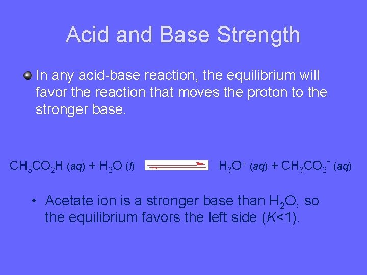 Acid and Base Strength In any acid-base reaction, the equilibrium will favor the reaction