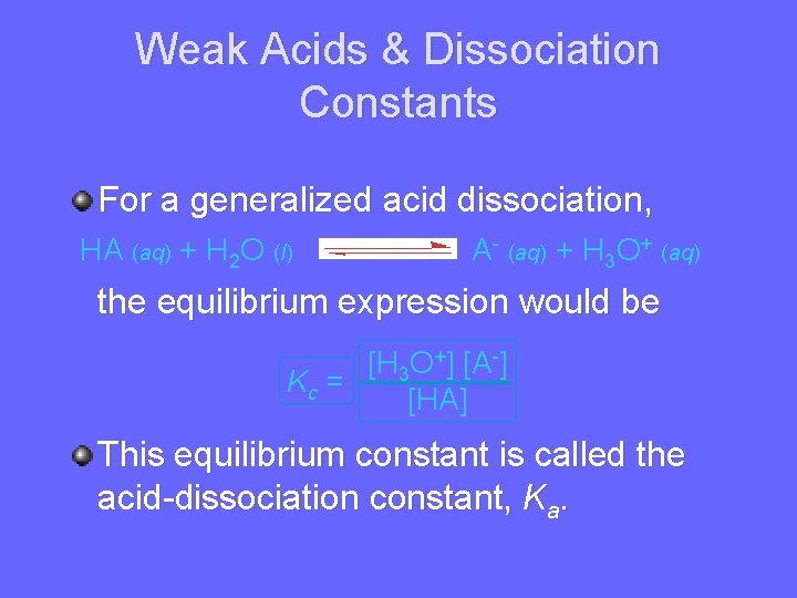 Weak Acids & Dissociation Constants For a generalized acid dissociation, HA (aq) + H