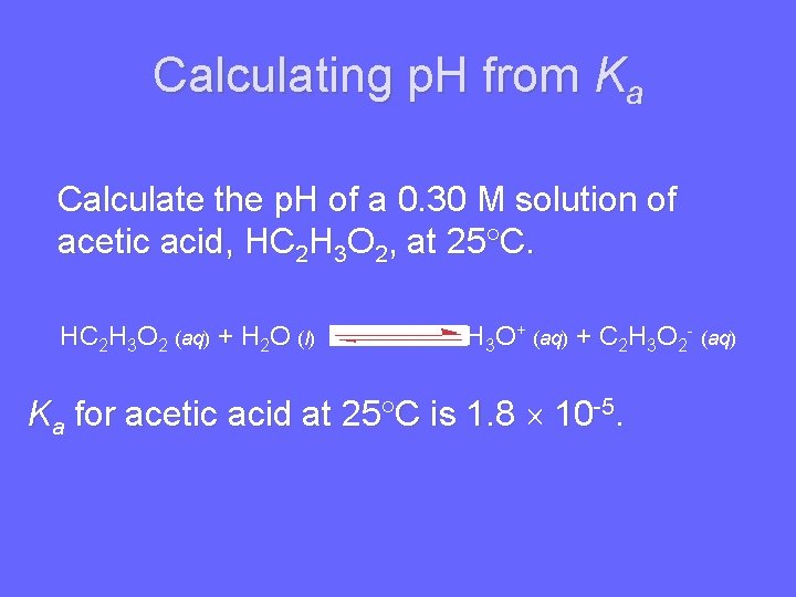 Calculating p. H from Ka Calculate the p. H of a 0. 30 M